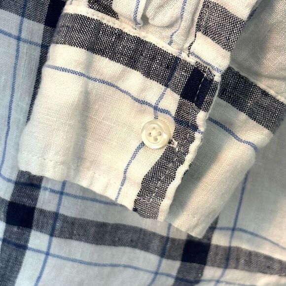 GAP 100% Linen L black, white, blue plaid button front pocket shirt - Picture 5 of 7